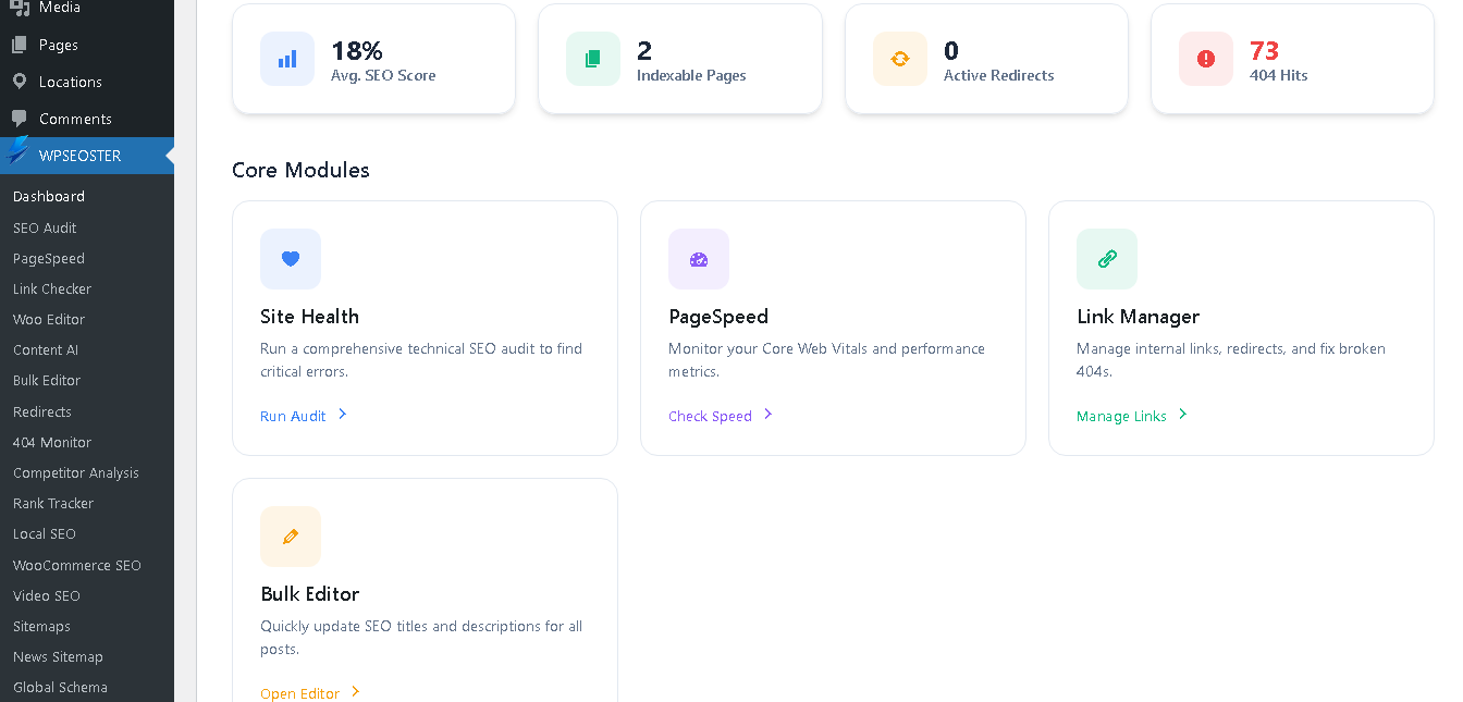 WPSEOSTER WordPress SEO plugin dashboard showing keyword rankings and analytics